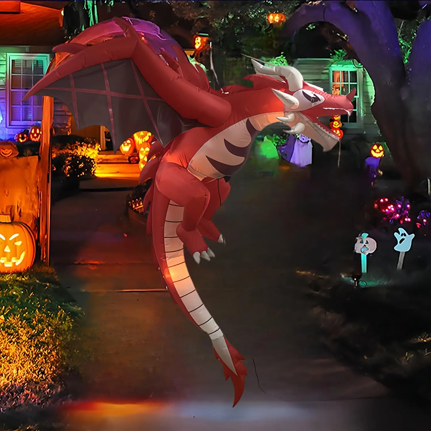 5FT Halloween Inflatable Dinosaur Decor with LED Lights Scary Flying Dragon Flame Decoration for Outdoor Yard Party Includes Blower Stakes & Wind Ropes Spooky LED Illumination Durable Weather Resistant Complete Kit