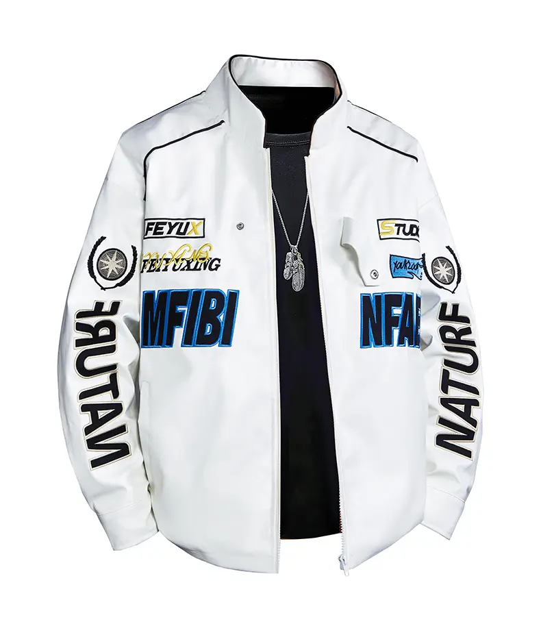 Men's White Streetwear Bomber Jacket with Embroidery Patches, Lightweight Aesthetic Coat for Outdoor Party