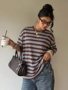 Soft Striped Oversized Half Sleeve Casual Streetwear Daily Wear Lounge Summer Women's T‑Shirt With Retro Color Block Stripe Design Loose Fit Breathable Fabric Ideal For Everyday Outings Coffee Runs City Walks Weekend Hangouts Trendy Basic Essential Tee