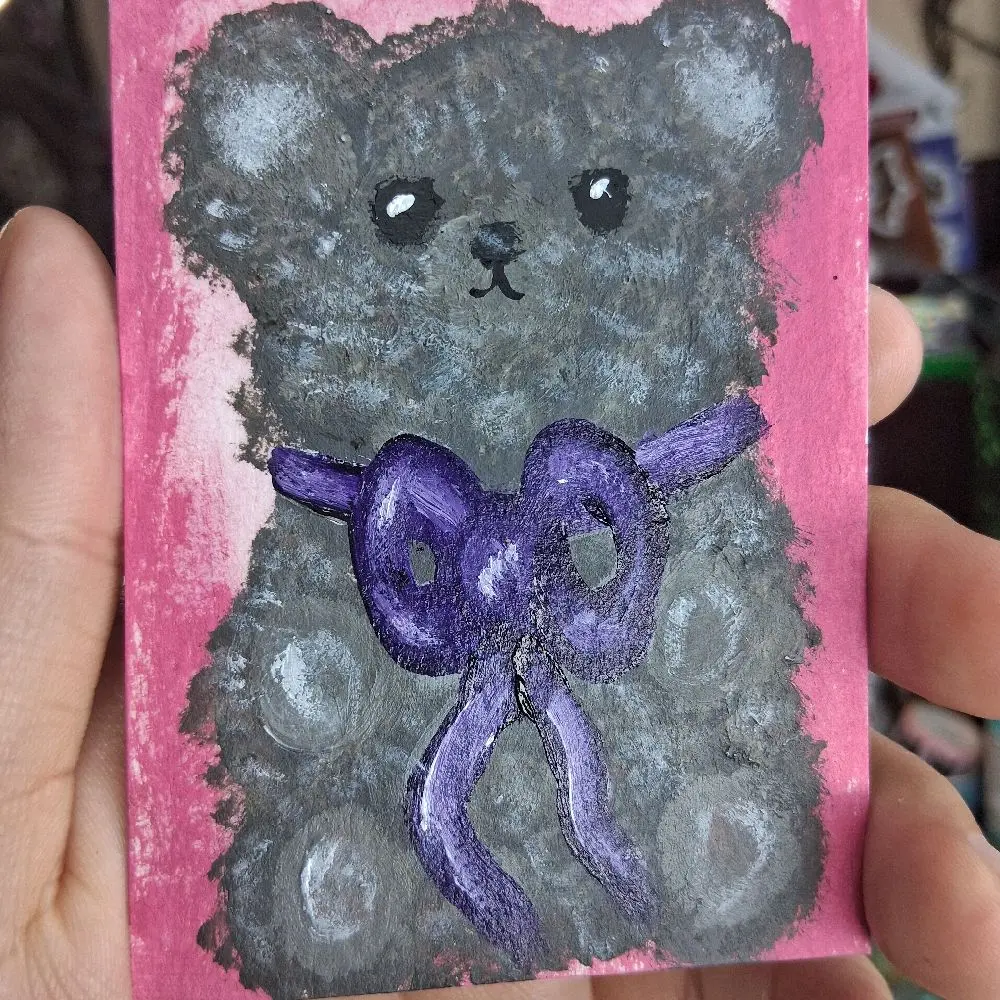 ACEO Original Art Acrylic Painting Cute Brown Teddy Bear with Purple Ribbon