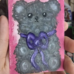 ACEO Original Art Acrylic Painting Cute Brown Teddy Bear with Purple Ribbon