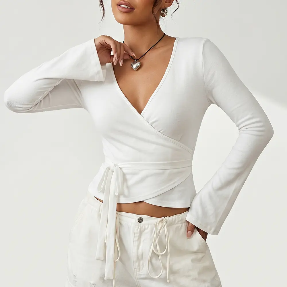 Women's Basic Long Sleeves Ribbed Wrap Top - Lady's Casual Minimalist V-Neck Crop Blouse with Flare Cuffs, Waist Tie, Slim Fit for Jeans & Skirts - Everyday, Beach Wear, Longsleeves