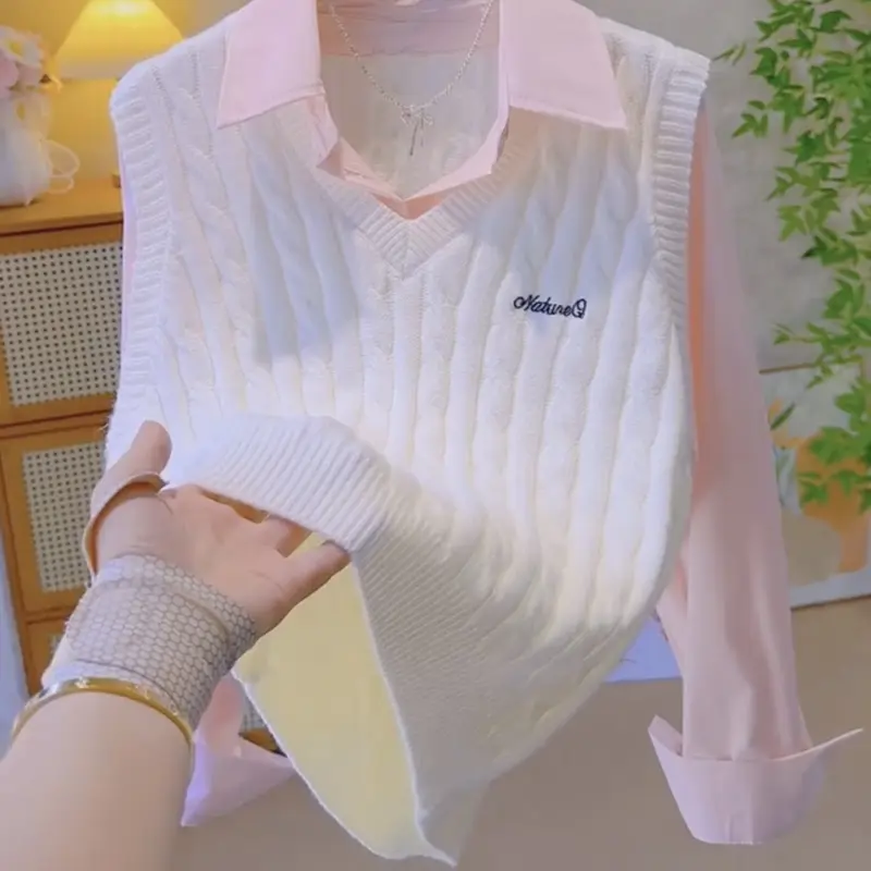 Women's Fashion Patchwork Knit Sweater, Spring & Fall New Korean Style Loose Fit Slimming Polo Neck Long Sleeve Patchwork Knit Tops