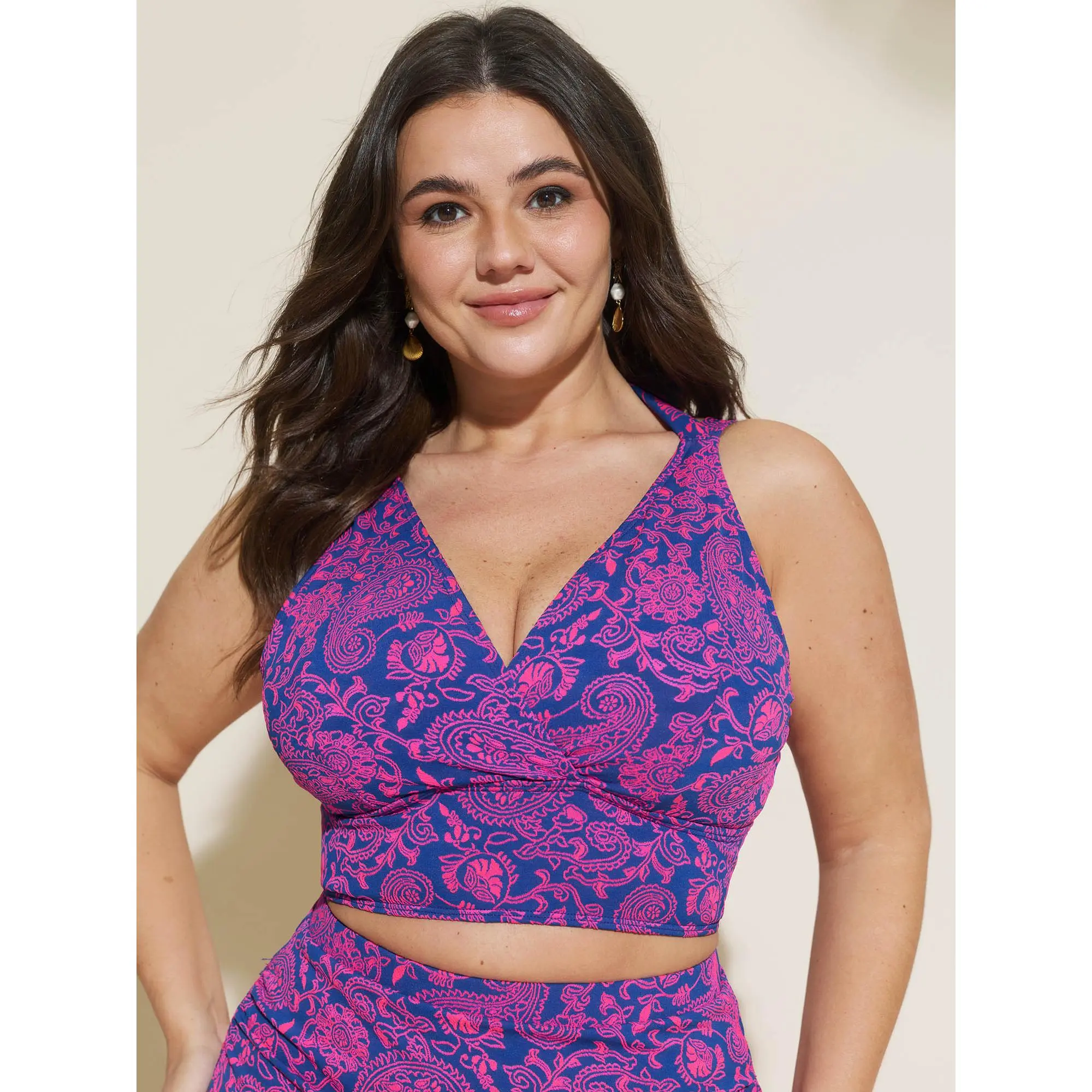 BloomChic Swimwear, Plus Size Women's Paisley Cable Knit Bikini Top in a Spandex Blend with Adjustable Straps, No Band Adjuster, Stretch, Sleeveless, Strappy Swimsuit, Female, Casual Bikini Top, Machine Wash