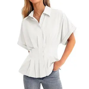 Cicy Bell Womens Pleated Button Down Blouse Summer Cuffed Short Sleeve Peplum Tops Casual Dressy Fitted Waist Shirts