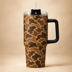 Duck Camo Tumbler with Handle and Straw, Brown Camouflage Insulated Travel Mug, Outdoor Hunting Style Cup, Gift for Men and Women