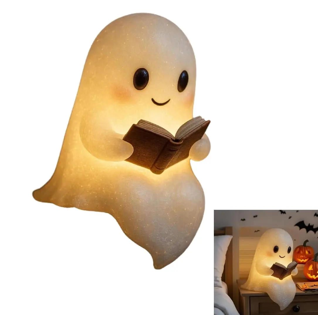 Cute Ghost Reading Book Lamp New Halloween Light Up Ghost Statue Night Light with Smile Halloween Home Office Decor Funny Indoor Ghosts Figurine Decor for Bedroom Living Room
