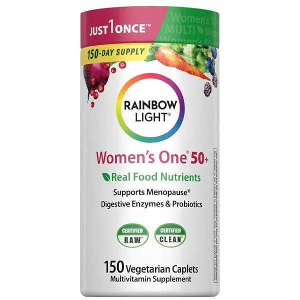 🔥 BEST SELLER!  Rainbow Light Womens One + Multivitamin 50 Plus | 150 Caplets | Supports Menopause | with Vitamins C, D, and Zinc | Real Food Nutrients, Digestive Enzymes & Probiotics