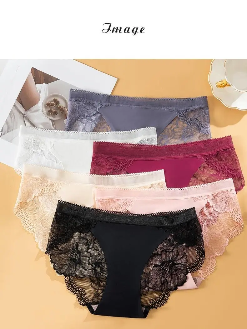 Women's 5PCS Mid-Waisted Seamless Lace Patchwork Panties, Ice Silk No-Show Bikini Underwear with Cotton Crotch, Skin-Friendly Lightweight Breathable High-Stretch Soft Daily Wear，underwear for women，daily day