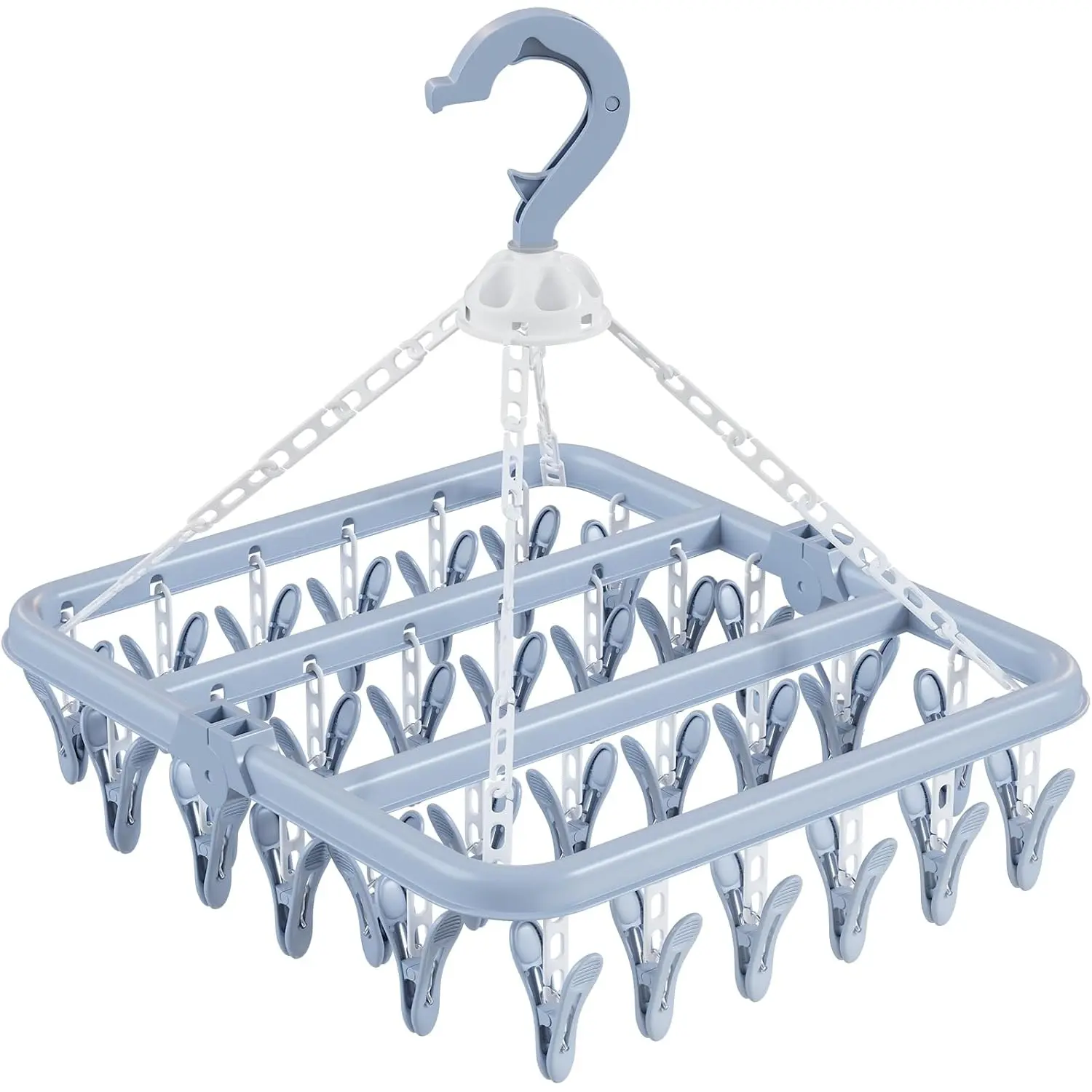 Clothes Drying Rack with 32 Clothespins, Bule Foldable Hanging Drying Racks, 360° Rotatable Hook for Drying Towels Bras Baby Clothes Gloves Plastic, Clothes Drying Foldable-Bule