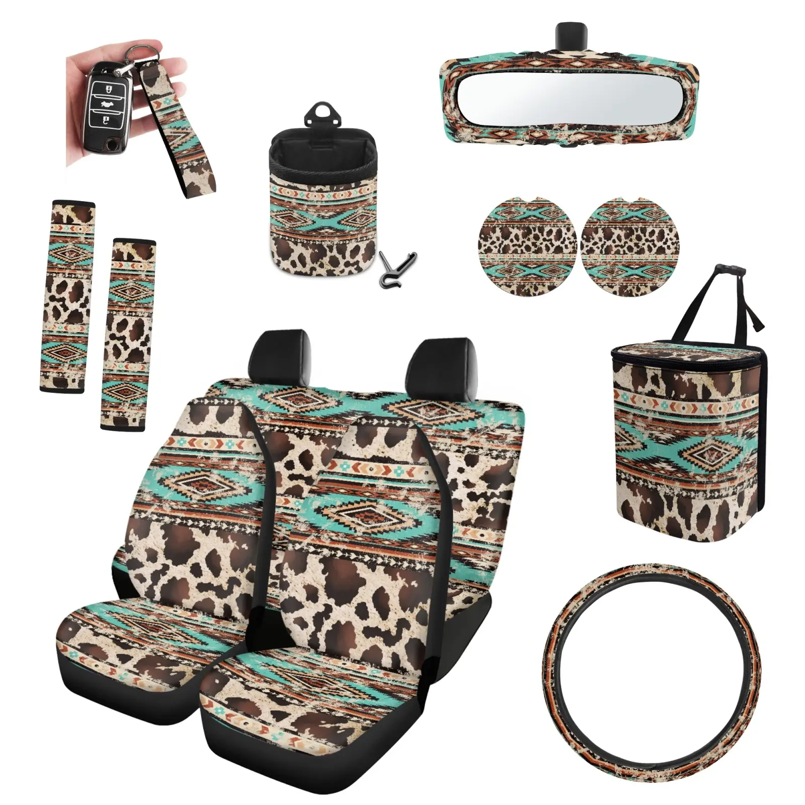 GEPRINT Full Set Car Interior Accessories - Fashion Cow Animal Print Seat Covers, Steering Wheel Cover, Armrest Pad, Keychain - Personalized Protection, Auto Upgrade, Stylish Decor, Great Gift for Friends