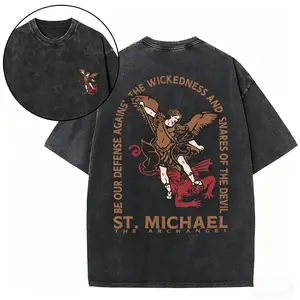 St. Michael the Archangel Washed T-Shirt, "Be Our Defense" Christian Faith Streetwear, Oversized Vintage Tee
