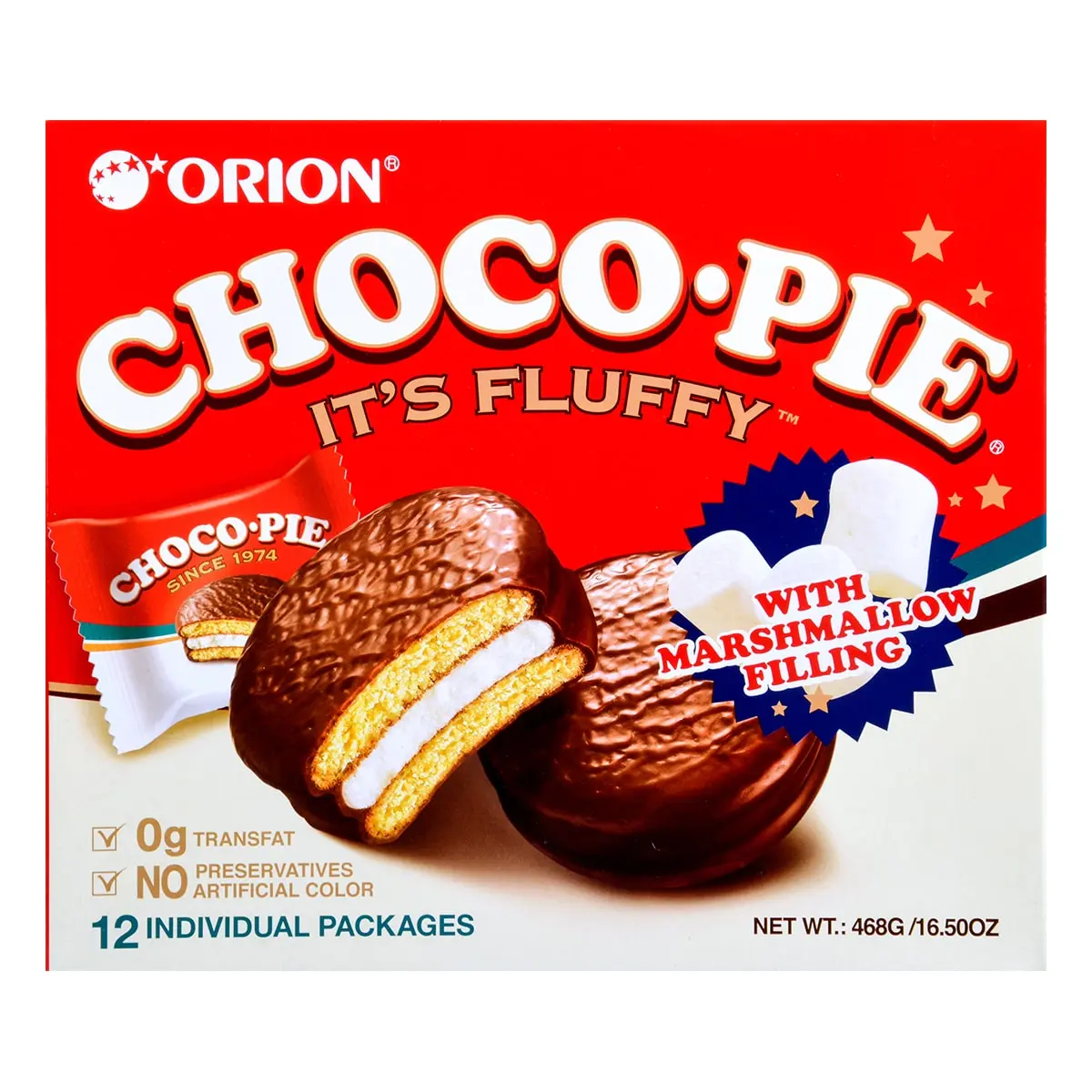 ORION Choco Pie with Fluffy Marshmallow Filling - Korean Dessert, 12 Pieces, 16.5oz