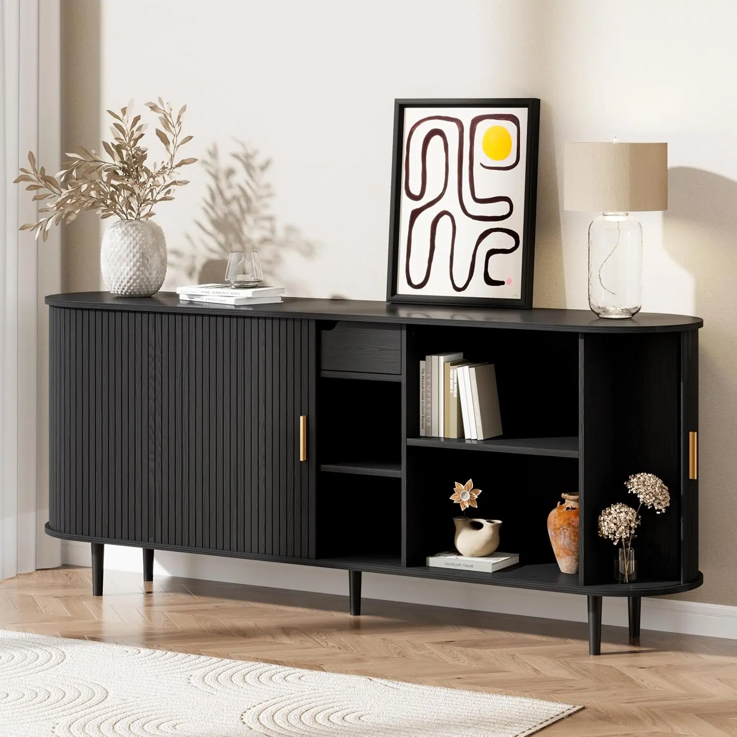 【70-Inch Fluted Sideboard】DHH Buffet Cabinet with Tambour Sliding Doors, Center Drawer & 8 Compartments, Coffee Bar or TV Console, Black campingessentials campingessentials Buffet Cabinet Furniture Buffet Cupboard