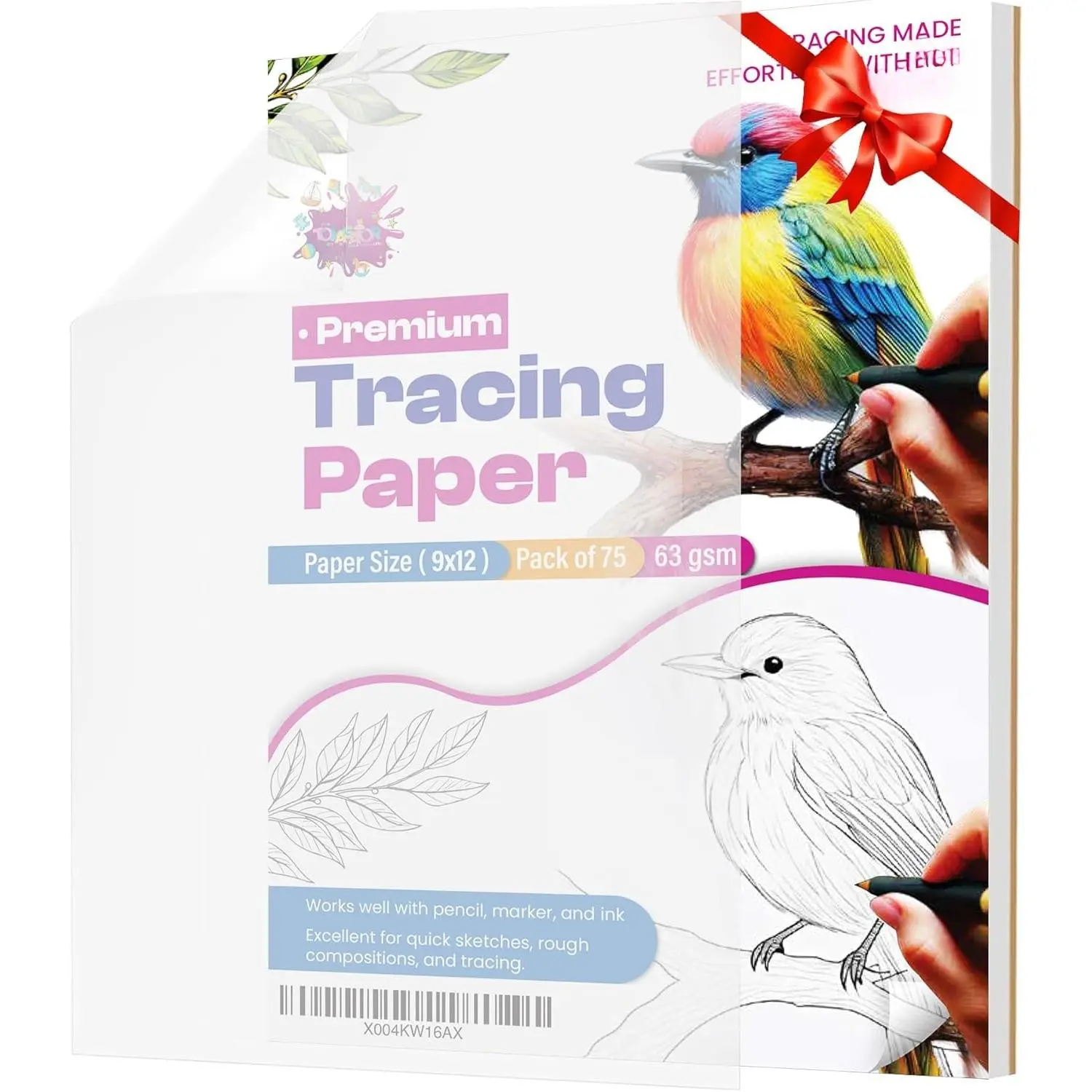Tracing Paper 9x12 Inch - 75 Sheets 41lb/63gsm Transparent Trace Paper for Sketching, Preliminary Drawing, Drafting & Art Projects -  Translucent Tracing Paper for Pencil, Marker and Ink