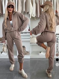 women's high-end bomber sweatshirt set, half-zip casual fashion, comfortable daily wear, thick fabric, loose fit, fall & winter