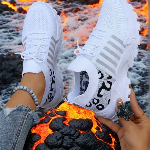 Women's Fashionable Leopard Print Lace Up Low Top Sneakers, Casual Comfortable Breathable Sports Athletic Trendy Running Shoes, Sporty Running Fashion, Versatile Shoes for Daily Wear, Casual Running Footwear
