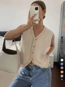 Women's Plain Basic Crop Sweater Vest, Casual Sleeveless Cropped Knitwear for Spring & Fall, Fashion Women's Knit Clothing for Daily Wear Tops, Womenswear