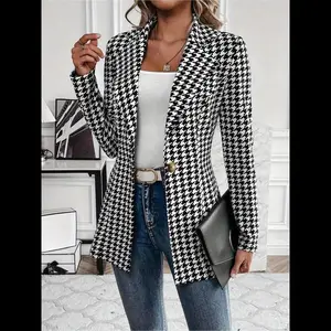 Women's Houndstooth Print Open Front Suit Blazer, Casual Long Sleeve Outerwear for Work Office Business, Ladies Clothes for All Seasons, Womenswear