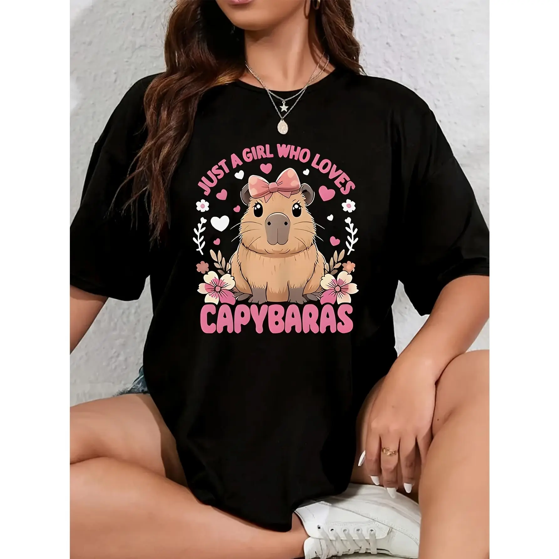 Women's Plus Size Oversized Tshirt - Casual Wear Clothes, Loose-Fitting Polyester Top with Capybara Graphic and Floral Print, Round Neck Short Sleeve, Lady, Colorful Style