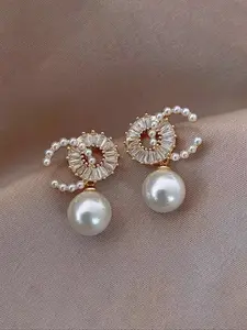 Women's Elegant Copper Micro-Pavé Cubic Zirconia & Faux Pearl C Shape Bridal Dainty Earrings, Wedding & Daily Wear Jewelry Gift Idea, Pearl Accents