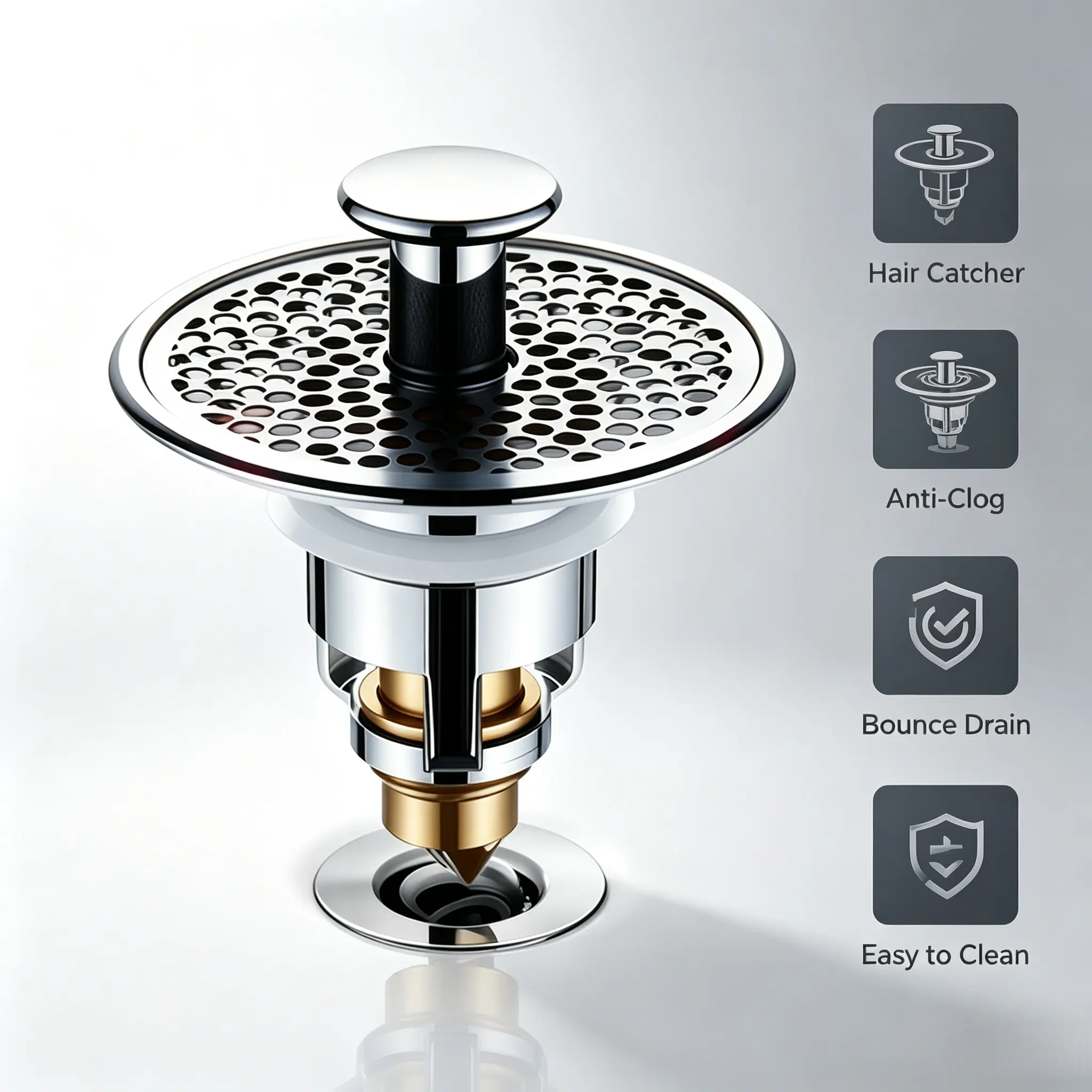 Anti-Clog Easy Clean Brass Pop Up Drain Stopper, Stainless Steel Hair Catcher Filter, Anti-Odor Drain Plug for Bathroom Sink & Bathtub, Fits 1.1-1.8in Standard Drain Holes