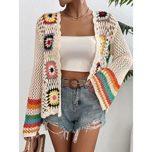 Bohemian crochet open-front cardigan, casual long-sleeve hollow-out cardigan for spring and fall, women’s clothing