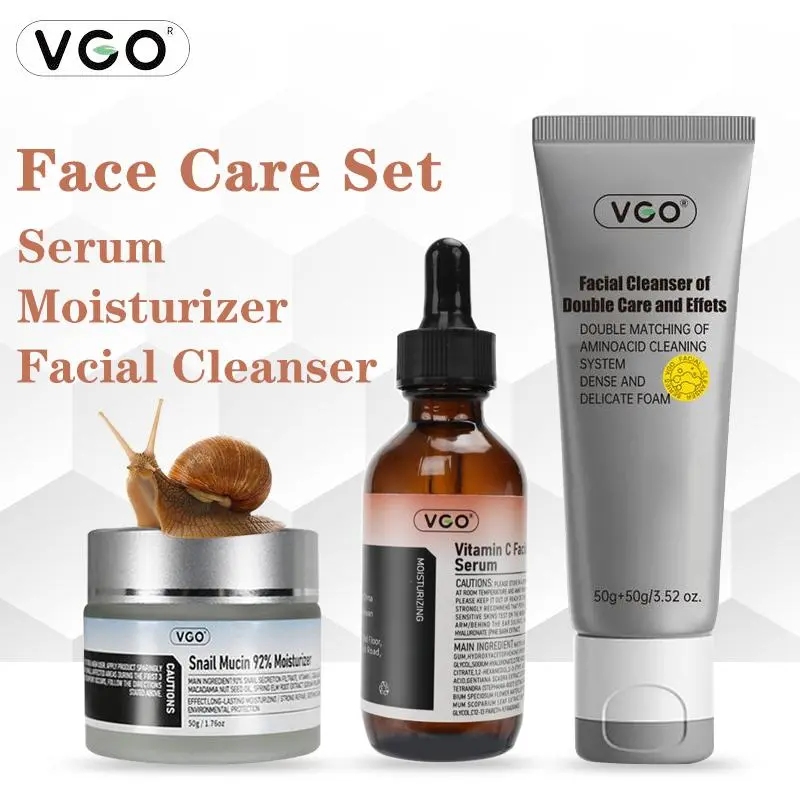 VGO Simple Daily Skincare Starter Kit - Facial Cleanser, Lightweight Vitamin C Treatment, Hydrating Snail Mucin Moisturizer, Gentle