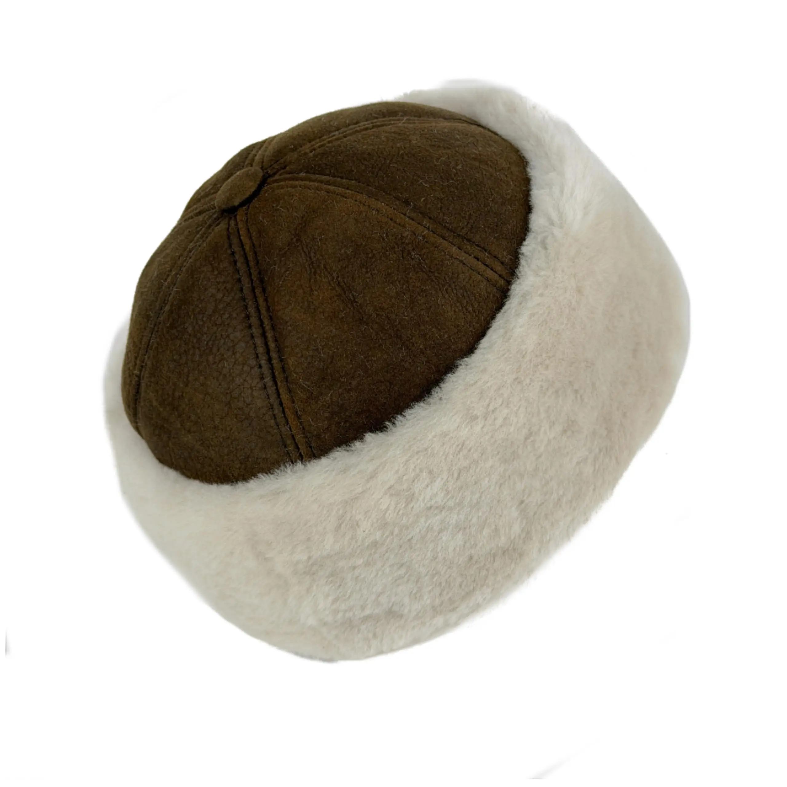 Genuine Sheepskin Shearling Winter Beanie Hat – Brown Leather with Ivory Fur, Unisex Warm Fur Cossack Hat, Sizes S–2XL