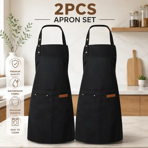 Black Chef Aprons - 2-Piece Chic Neutral Minimalist Polyester Kitchen Cooking Aprons Set, Adjustable One Size, 3 Pockets, Spill-Proof, All Seasons, Comfortable, Machine Washable Home Supplies, Gifts for Him