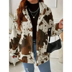 Women's Cow Print Hooded Jacket - Brown & White Plush Coat, Non-Stretch Winter Outerwear for Cold Weather, Everyday & Formal Events, Cow Hoodie, Event Attire, Spacious Front Pocket