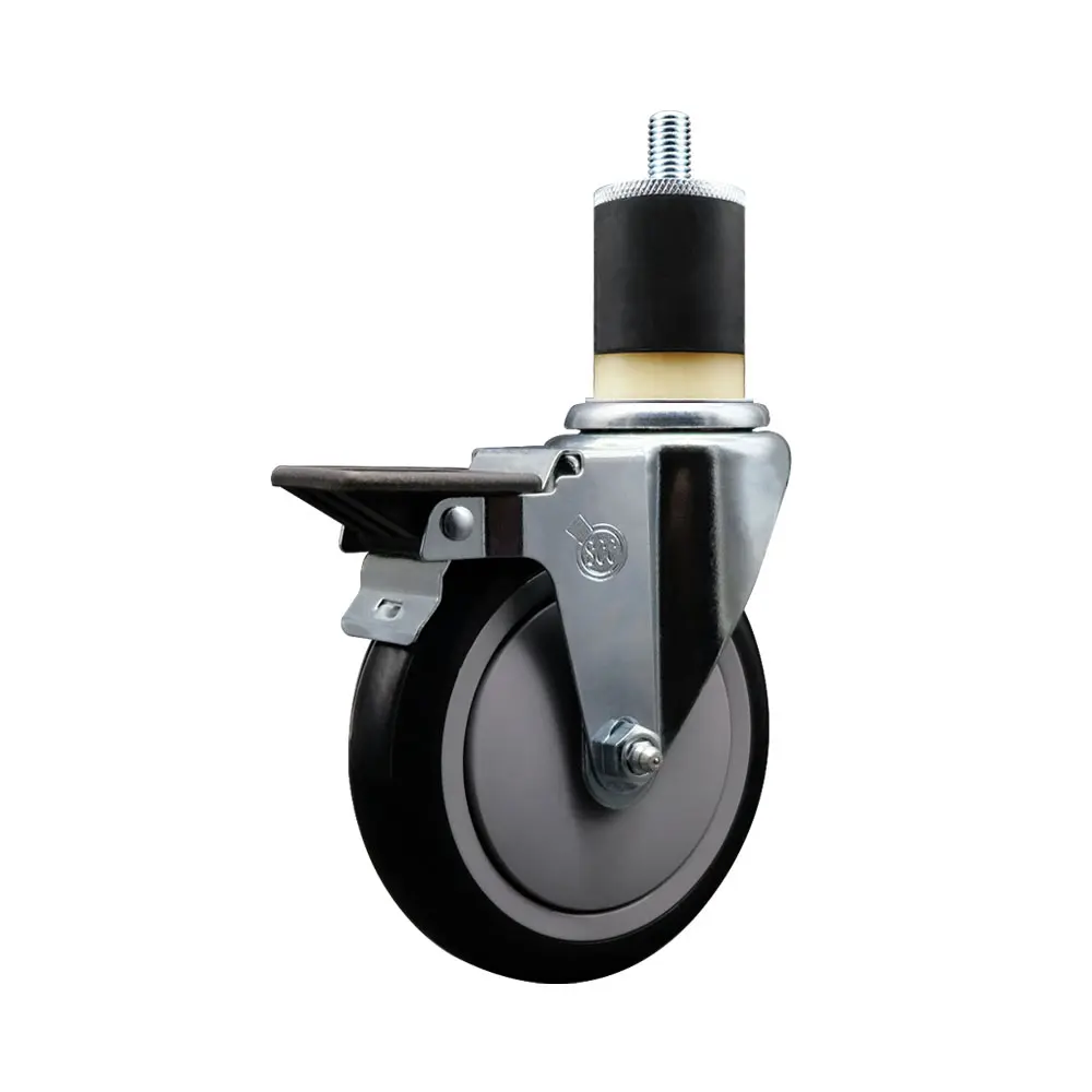Service Caster SCC-EX20S514-PPUB-BLK-PLB-178 Adjustable Multi-Shaped Expanding Stem Swivel Caster, 5 in. Black Polyurethane Wheel, 1.87 in. Stem, Posi Lock Brake, 350 lbs Load Capacity for Shop Projects, Equipment with Round/Square Tubes Legs