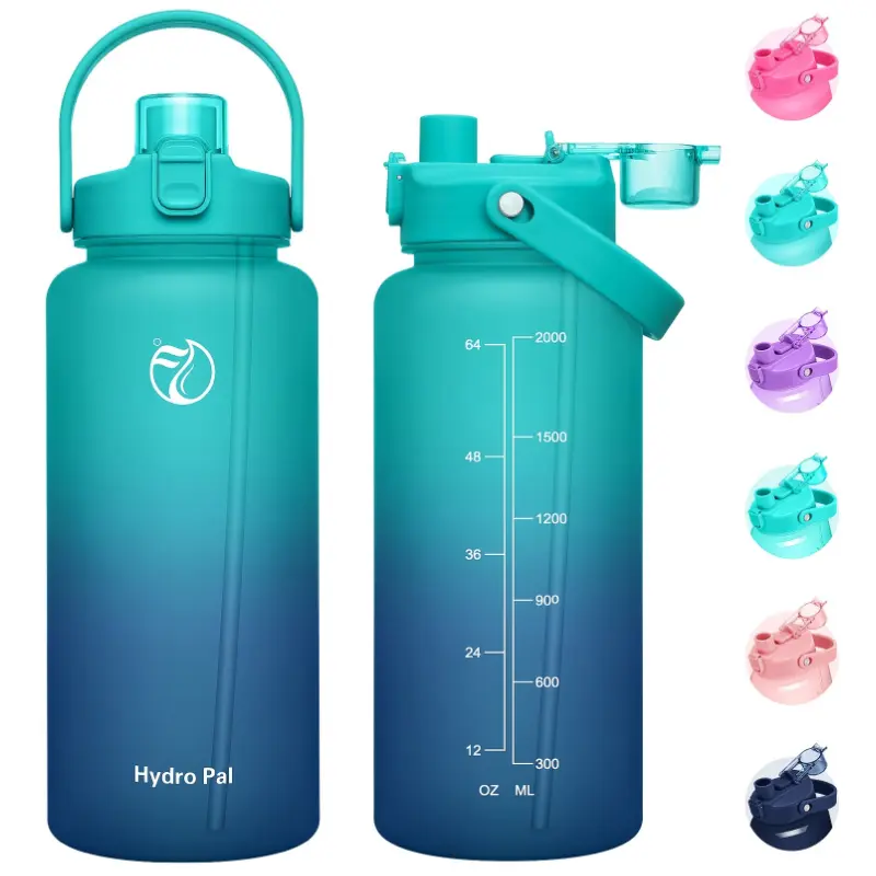 HydroPal 64oz Minimalist Leakproof Stylish Bottle - 2-in-1 Chug & Straw Lid, 2 Straws, Handle, Durable Lightweight BPA-Free, Portable Plastic Holder, Gym Bottle for Daily Sports, Outdoor Use, Leakproof Water Bottle