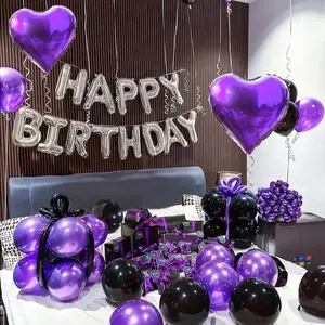 61pcsSet 16-Inch Silver Happy Birthday Foil Balloon Set with Black, Purple Latex & Heart Balloons for English Letters Decoration foil balloon party decoration birthday decoration