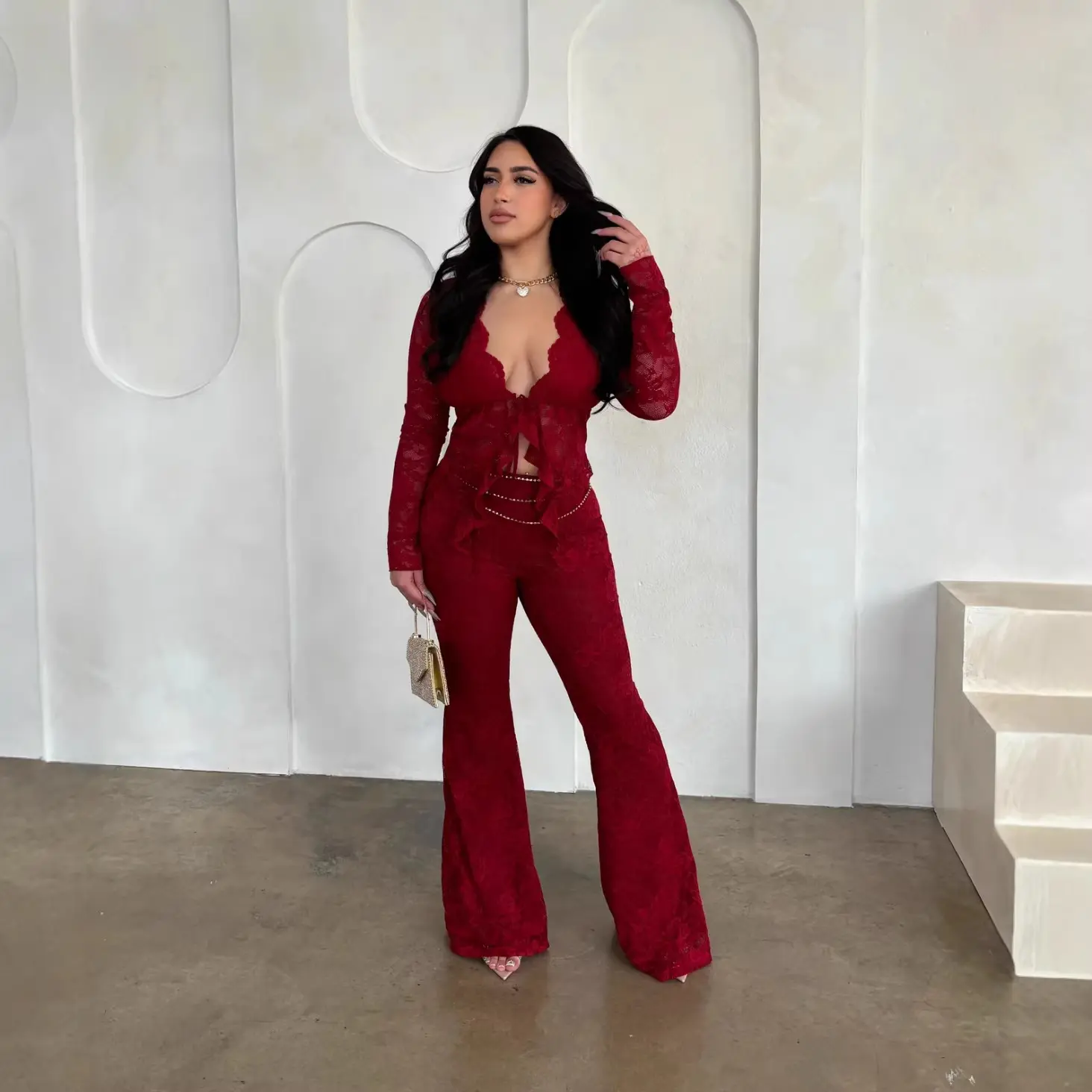Sexy Lace-up Cardigan Two-Piece Set Spring/Summer Women's Clothing Sexy Lace-up Hollow Cardigan Long Sleeve Lace Shirt Lace Pants Two-Piece Set