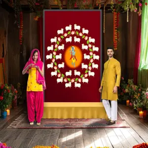 Sacred Krishna Backdrop | Elegant Cloth Art for Diwali, Navratri, Weddings, Housewarming | Choose from 5 Rich Colors | Cultural Elegance