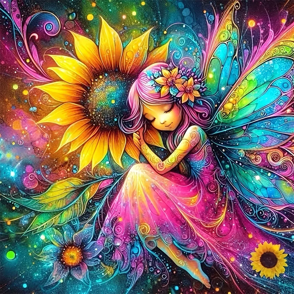 Rainbow Sunflower Fairy Leaning on Sunflower in Neon Starry Sky, Multiple sizes available including square and round diamonds, 5D DIY diamond painting set art embroidery kit handmade furniture decor, Wall Art, holiday birthday personalized gift, DIY Kits
