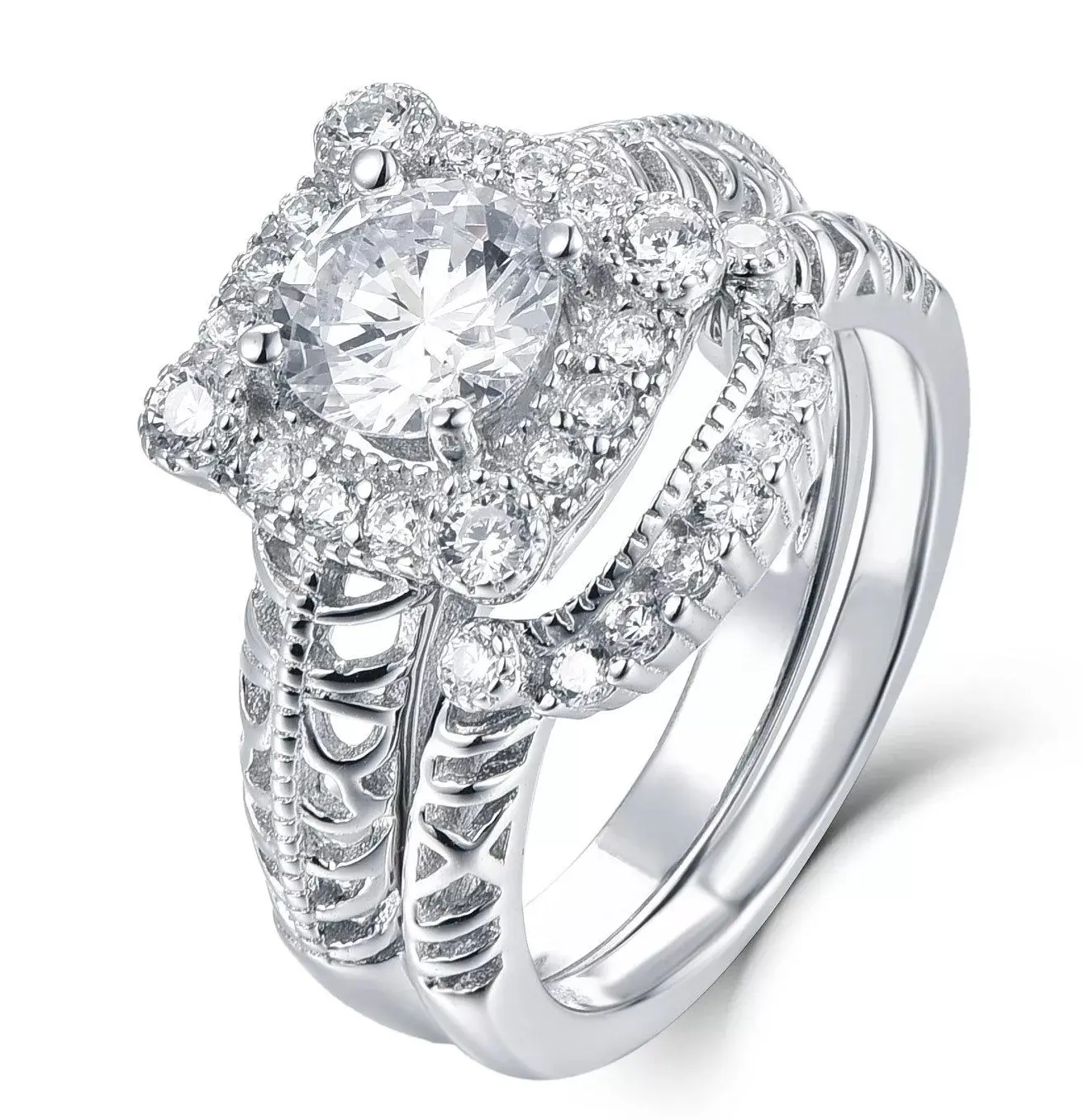 2ct Sterling Silver Cz Square Halo Wedding Band Engagement Rings Set Size 3-15 Ss68A