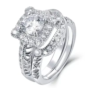 2ct Sterling Silver Cz Square Halo Wedding Band Engagement Rings Set Size 3-15 Ss68A