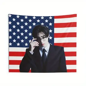 1pc Sunghoon Suit Style American Tapestry - Enha Concert Banner, Undoubtedly a World Tour Wall Decoration, Peach Light Beige Fabric Home Decor, Patriotic Design, Durable Material, Fan Collectible