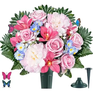 Cemetery Flowers with Vases for Grave Decor, Silk Lily Rose Cymbidium Hibiscus Daisy-Headstone Flower,Tombstone Flower - Bright and Colorfast,Pink/Blue,2 Lovely Butterflies Included