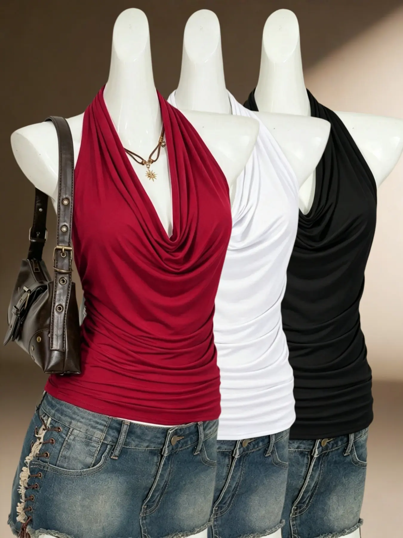 Three-Piece Slim Fit Breathable Solid Color Halter Top, Ruched Drop Shoulder Sleeveless Tank, Millennial Club Casual Style