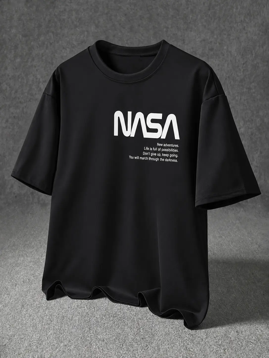 Men’s street-style black short-sleeve T-shirt featuring NASA logo and text print; soft, breathable fabric—perfect for going to a coffee shop after workouts, everyday casual outings, and office wear.