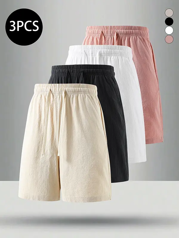 Men's 3-Pack Summer Cotton Shorts, 100% Cotton Ruched Mid-Thigh, Lightweight Breathable Menswear for Home Wear & Fitness, Multi-Color Options for Easy Styling
