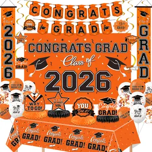 2026 graduation decorations, an orange and black graduation decoration set, equipped with a congratulatory graduation banner and background board, doorplate, hanging vortex decoration, balloons, and honeycomb-shaped decorative flower basket.Suitable for