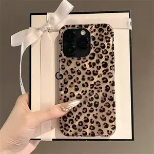 inewateri Compatible for iPhone 15 Case with Cute Cheetah Leopard Print Retro Aesthetics Design Soft Slim TPU Shockproof Protective Bumper Glitter Shiny Phone Cover-Gold
