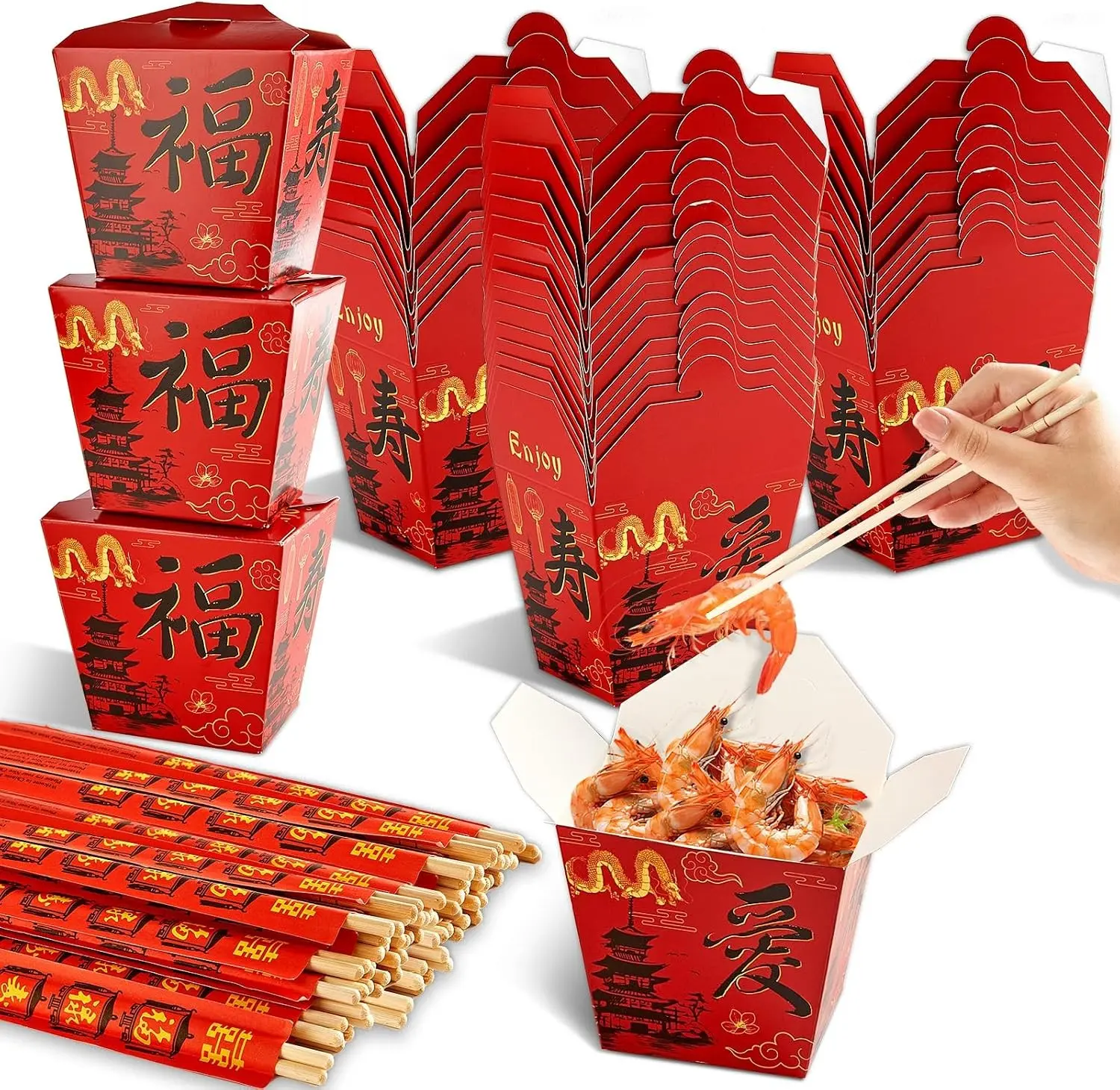 gisgfim 25 Sets Hibachi Party Supplies 16 oz Chinese Take Out Boxes with Chopsticks Disposable Paper Chinese Food Boxes Takeout Containers for Asian Hibachi Japanese New Year Party Decorations