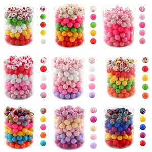 50PCS 15mm silicone bead assortment combining printed and solid-color beads, ideal for DIY keychains, necklaces, bracelets, decorative pens, jewelry, and pendant crafts.