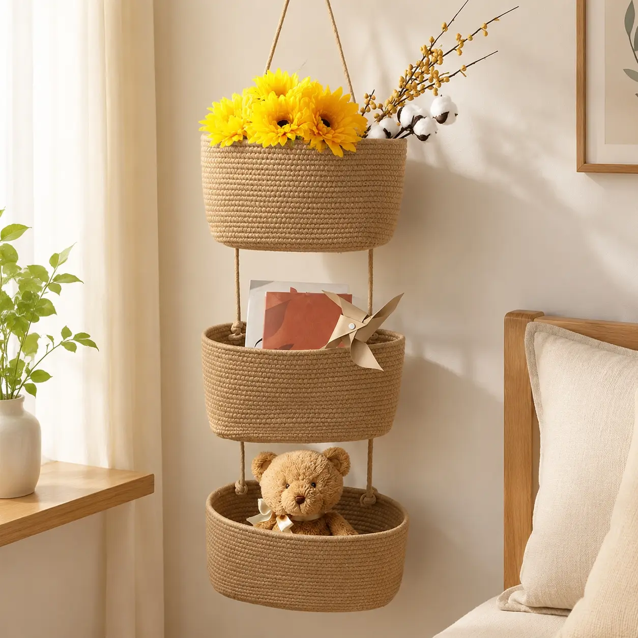 Large-Sized 3-Tier Woven Cotton Over-the-Door Hanging Wall Basket - Jute Home Organizer for Dorm Room Storage, Decorative Accessories, Natural Warm Charm Solution