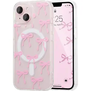 Magnetic for iPhone 17 16 15 14 13 12 11 Case, Bow Case Compatible with MagSafe, Wireless Slim Clear Ribbon Phone Cover Anti-Yellowing Shockproof Protective Cover for Women Girl - Pink.QXG339